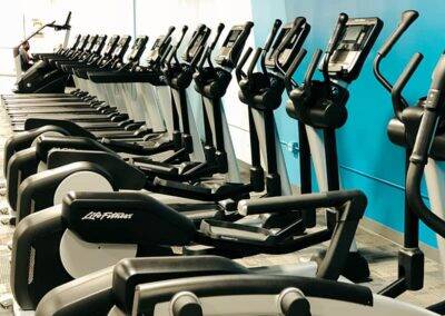 A row of modern elliptical machines in a gym, all unoccupied, with screens and adjustable settings.